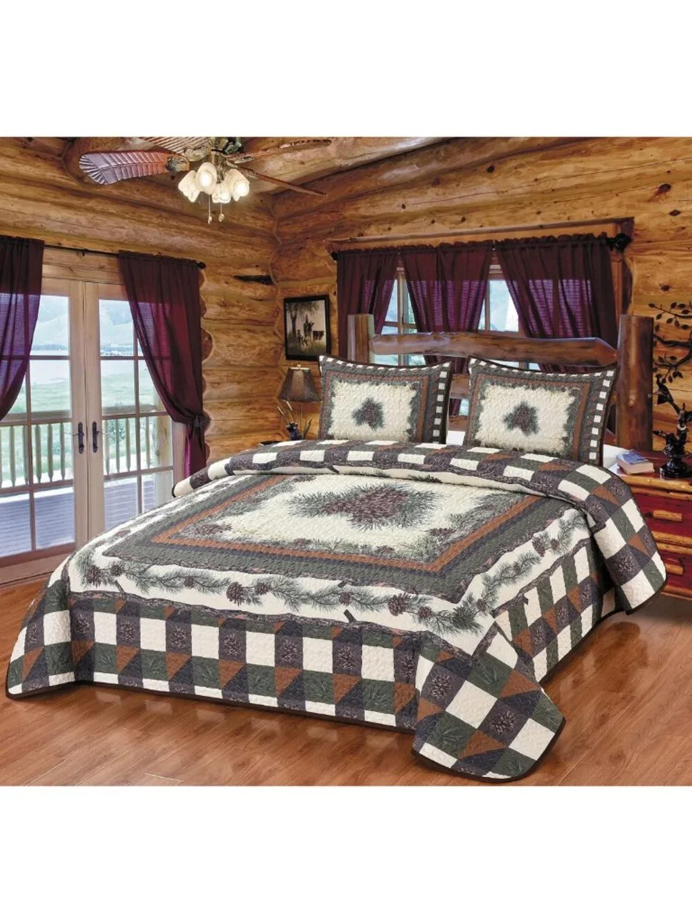Cozy Pine Forest Checkered Quilt Bedding Set - Queen Size + 2 Shams, Green/Brown